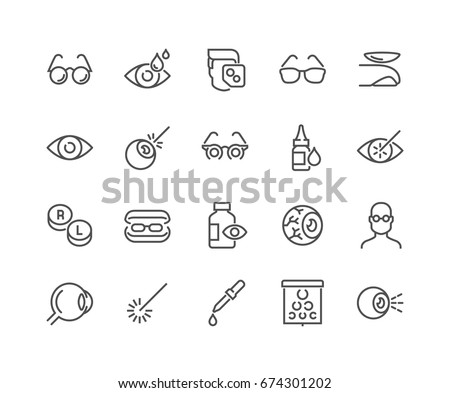 Simple Set of Optometry Related Vector Line Icons. 
Contains such Icons as Eye Exam, Laser Surgery, Eyeball, Glasses and more.
Editable Stroke. 48x48 Pixel Perfect.
