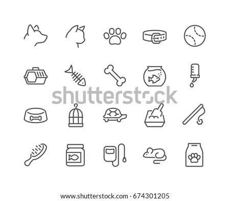 Simple Set of Pet Related Vector Line Icons. 
Contains such Icons as Collar, Toys, Pet Food and more.
Editable Stroke. 48x48 Pixel Perfect.
