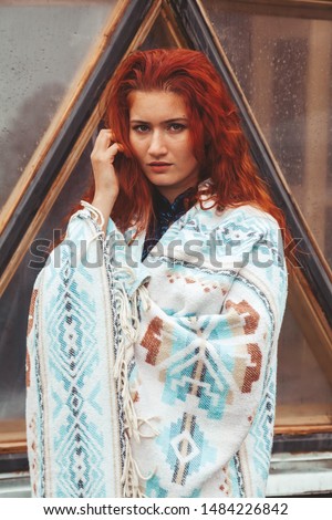 Similar – Image, Stock Photo Cheerful female near triangle window