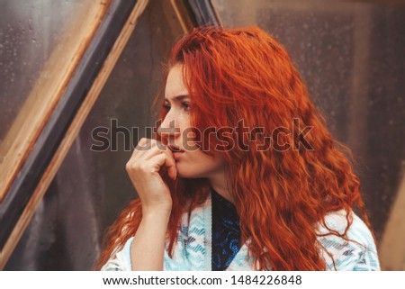 Similar – Image, Stock Photo Cheerful female near triangle window