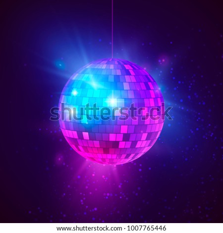 Disco ball with bright rays and bokeh. Music and dance night party background. Abstract night club retro background 80s and 90s. Vector illustration 商業照片 © 