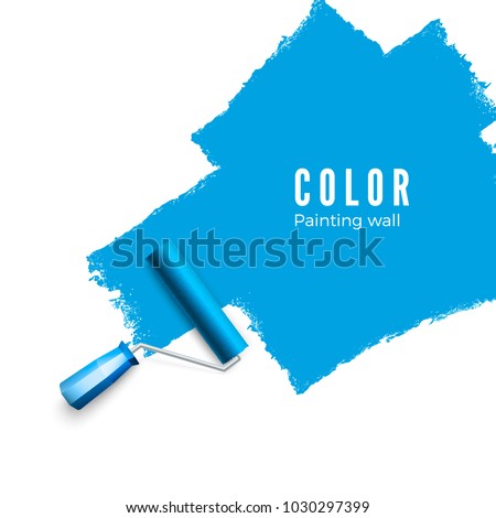 Paint roller brush. Color paint texture when painting with a roller.  Painting the wall in blue. Vector illustration isolated on white background