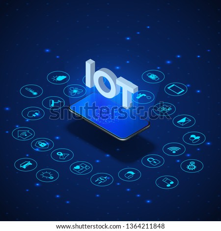 Internet of things concept. IOT isometric banner. Digital global ecosystem. Monitoring and control by smartphone. Vector illustration