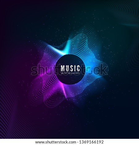 Radial sound wave curve with light particles. Colorful equalizer background. Abstract colorful cover for music poster and banner. Vector
