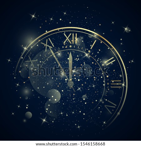 Golden Clock Dial with Roman Numbers on Magic Christmas Glitter Background. New Year Countdown and chimes. Five minutes before twelve. Vector