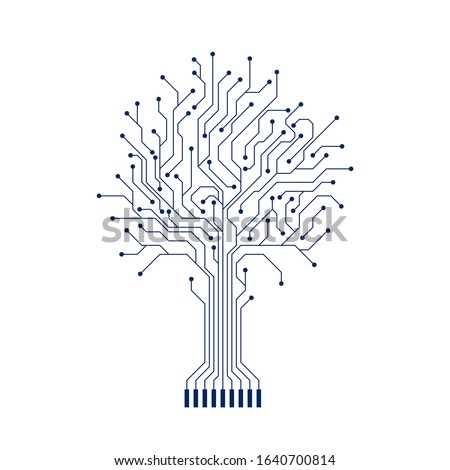 Abstract Circuit Tree Silhouette. Computer engineering hardware system. Technology design element. Vector