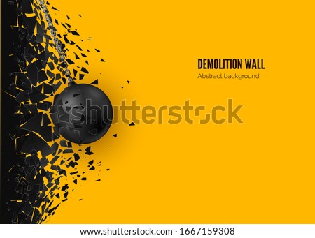 Destruction effect. Abstract cloud of pieces and fragments after wall demolition by wrecking ball. Vector 