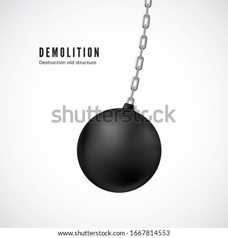 Demolition ball on chain in motion. Heavy black wrecking ball for buildings destruction. Vector