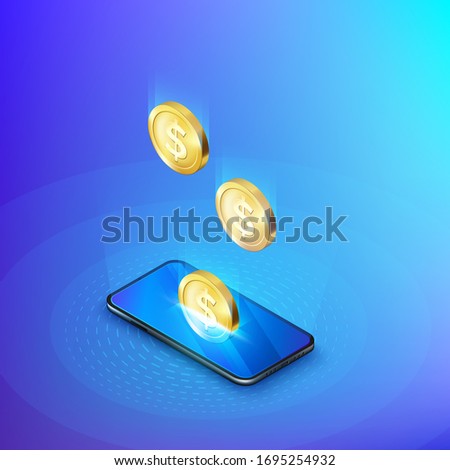 Coin drops into mobile phone isometric banner. Online banking or payment service. Deposit replenishment and saving money. Vector illustration