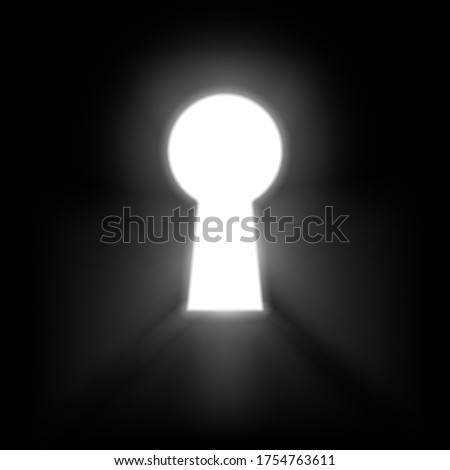 Keyhole illuminated rays of light isolated on black background. White keyhole symbol of hope or success. Vector 