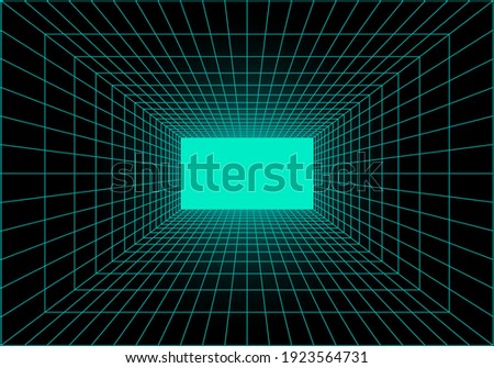 Virtual reality tunnel or wormhole. Perspective grid of empty tunnel with light in the end. Matrix data visualization. Vector