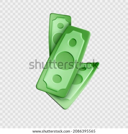 Dollar bill. Green 3d render american money. Dollar banknote in cartoon style. Vector illustration isolated on transparent background