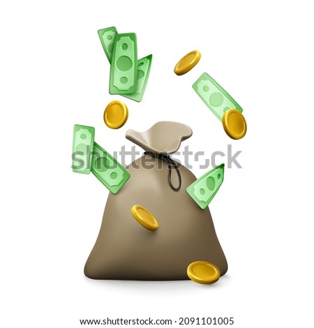 Money bag with falling gold coins and paper currency. Financial services or cash back concept. Return on investment. Fast cash loan. Easy credit or quick payment. Vector illustration