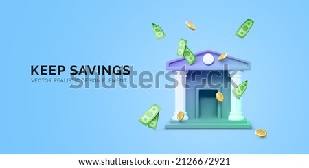 3d bank building and falling coins and paper currency. 3d realistic bank icon. Money transaction or savings concept. Vector illustration Сток-фото © 