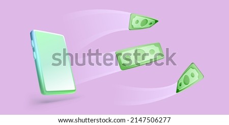Mobile phone with flying paper currency in realistic cartoon style. Online financial management concept. Vector illustration