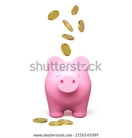 Pink piggy bank front view with falling gold coin. Money savings concept. 3D realistic pretty pig. Finance investment and business concept. Vector illustration