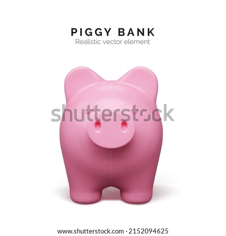 Realistic pink pig front view. Piggy bank isolated on white background. Piggy bank concept of money deposit and investment. Vector illustration