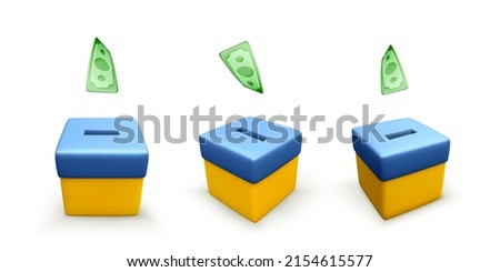 Set of falling green paper dollars into donation box colour in national Ukrainian flag. Fundraising for victims of the war in Ukraine. Vector illustration