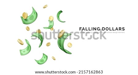 Falling green paper bills and gold coins. 3D cartoon realistic money. Business and finance success. Big win or jackpot banner. Vector illustration