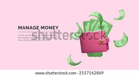 Wallet with paper currency and credit card in realistic cartoon style. 3D purse with green twisted dollars and falling money. Vector illustration