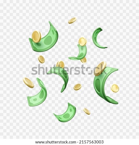 Money rain. Falling 3D cartoon style paper dollars and gold coins. Casino win or business success. Vector illustration isolated on transparent background