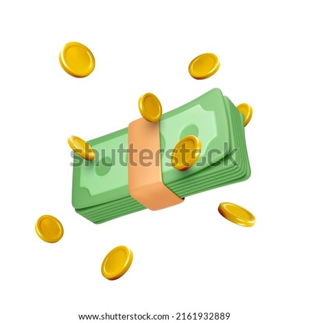Money pack in 3D realistic cartoon style. Wad of cash and falling gold coins. Business profit or casino jackpot win. Vector illustration isolated on white background