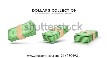 Heap of green dollar USA. Set of 3D render stack of money. Paper dollar banknote isolated on white background. Vector illustration 