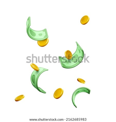 Falling 3D money. Gold coins and green paper dollars. Casino win or business success background. Realistic  cash in cartoon style. Vector illustration