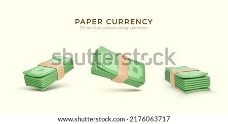 Pack of green paper currency. Set of 3D render stack of dollar US. Money dollar banknote in cartoon style isolated. Vector illustration