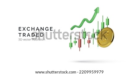 Candlestick chart with 3D arrow up and gold coin. Stock exchange trade. Business banner for mobile app or online trading platform. Vector illustration