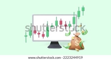 Online trading on stock exchange and binary options. PC monitor, candlestick chart, money bag with falling gold coins and green paper currency. Successful cryptocurrency investment strategy. Vector