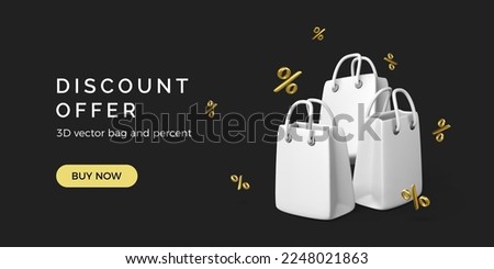 Discount offer banner. White 3D shopping bags with flying gold percent sign on black background. Paper packages sale promotion. Vector illustration