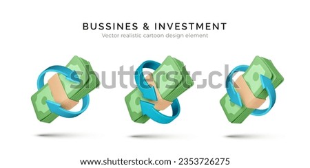Set of 3D dollar bundle with circle arrows. Finance management. Currency exchange concept. Service for payment and cashback. Vector illustration