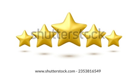 Gold Stars 3D icon. Render five yellow stars isolated on white background. Vector illustration