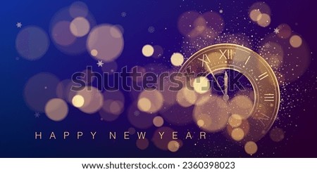 New Year countdown clock on glittering midnight sky with blur and bokeh. Purple and dark blue abstract holiday background. New years eve concept. December midnight. Vector illustration