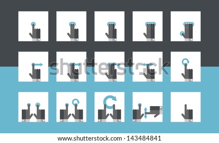 Mobile Touch Gesture Icons. Tap, hold, rotate, swipe vertical, swipe horizontal, one finger tap, one finger hold, one finger rotate, two finger tap, two finger hold and rotate, three finger tap.