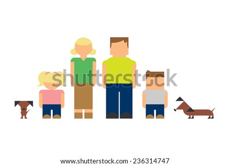 Pictogram people with their family pets. Mom, dad, son, daughter, and puppies.