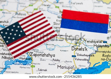 Donetsk boundary and Russia, USA flags