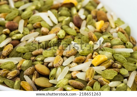 Jade Blend is a combination of Bamboo rice, wheat berries, basmati rice, green lentils, split baby garbanzo beans and Daikon radish seeds. / Jade Blend Grains
