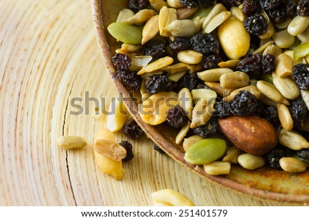 Organic trail mix with nuts, seeds and dried fruits