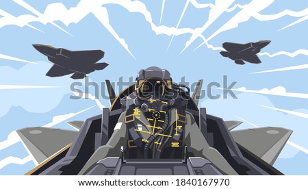 View from the aircraft cockpit on the pilot. Aircraft-fighter cockpit overview. Aerobatic team in the air. A new generation military fighter. Pilot of the future. Vector illustration EPS 10