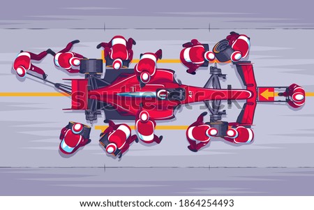 Pit stop in races f1. Replacing wheels on the race. Red speed car. A team of professionals engaged in their work. Race car pilot. Fast maintenance of the car. Vector Illustration
