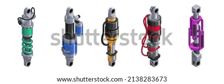 Shock absorber for the car. Racing absorber in isometrics. 3d icon of a shock absorber. Set of shock absorber cliparts on white background. Shock absorbers of different modifications. Vector 