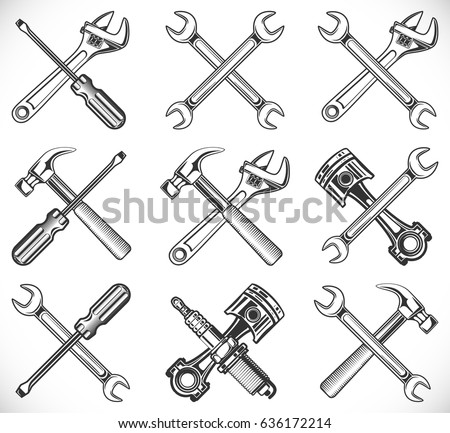 Wrench, screwdriver, hammer, piston and spark plug. Repair tools icon isolated on white background, vector illustration