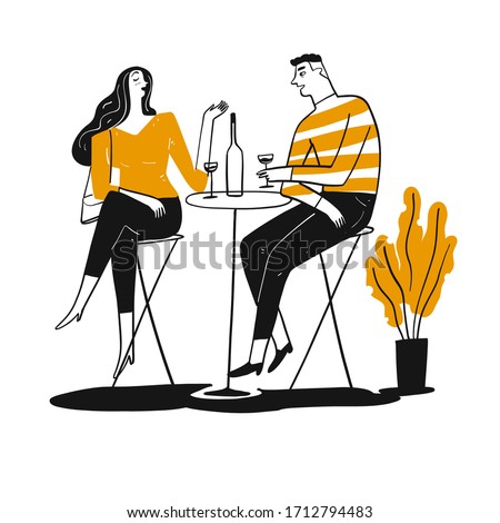 Couple drinking and talk happy. Hand drawn, Vector Illustration doodle style.