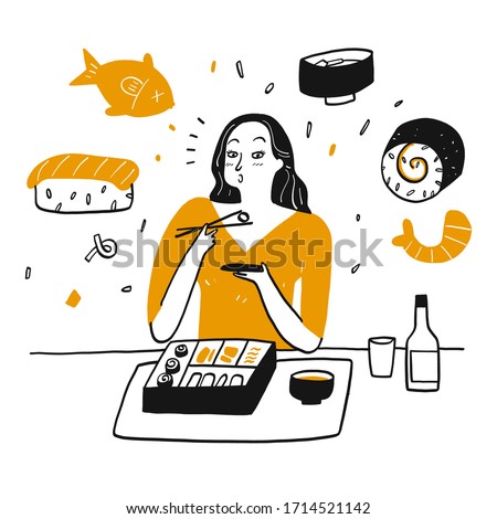 A woman happily eating sushi. Hand drawn Vector Illustration in sketch doodle style.