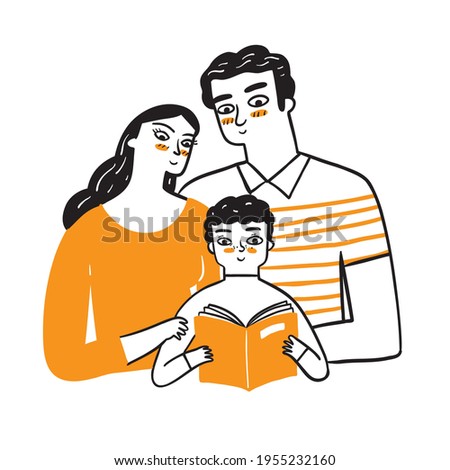 Mom and Dad watch their adorable son read a book. Hand drawn Vector Illustration doodle style