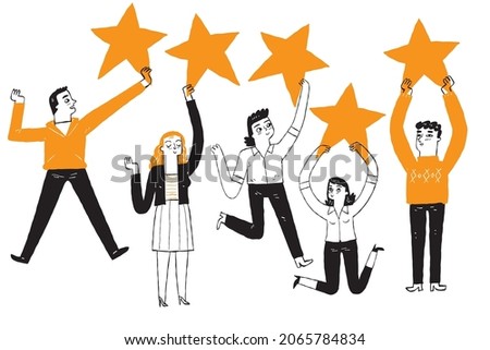 Five star rating positive feedback and high evaluation level. Happy satisfied people holding five gold star giving positive feedback and good review, supporting product or service vector illustration