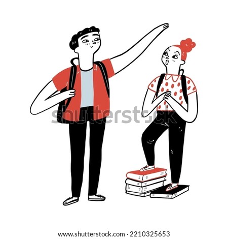 The young man raised up hand above a little girl head that standing on books to measuring height. Hand drawn vector illustration doodle style.