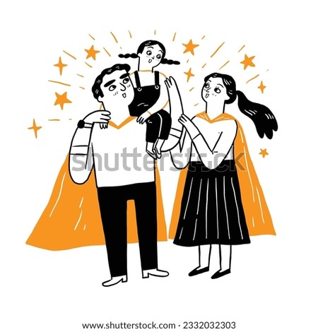 Happy loving family. The little girl sat on her father's shoulder. Parents who are like children's heroes. Hand drawing vector illustration line art.